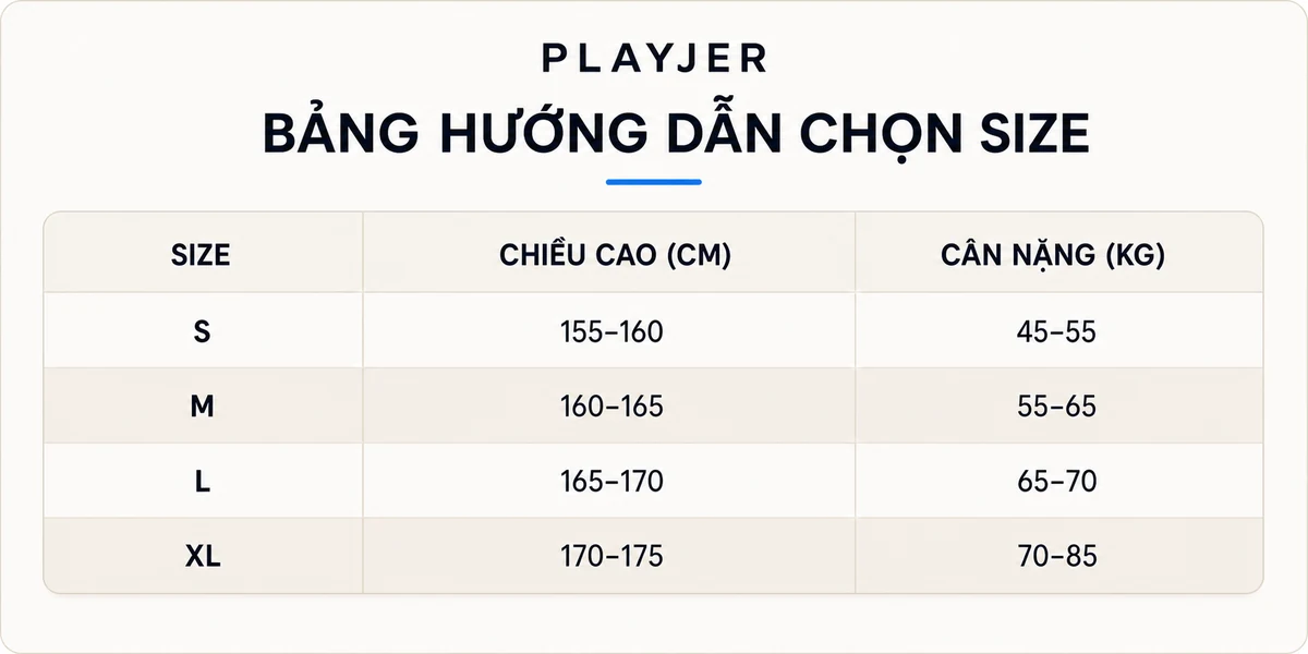 Bảng hướng dẫn chọn size áo bóng đá thiết kế PL17 tại PLAYJER