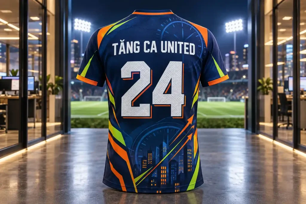 Mẫu áo bóng đá công ty in tên Tăng Ca United số 24, phối xanh navy cam và xanh neon