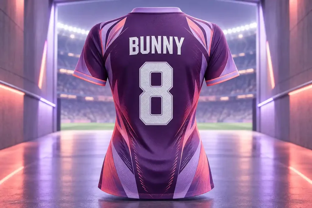 Mẫu áo bóng đá nữ in tên Bunny số 8, phối tím lavender hồng san hô và trắng