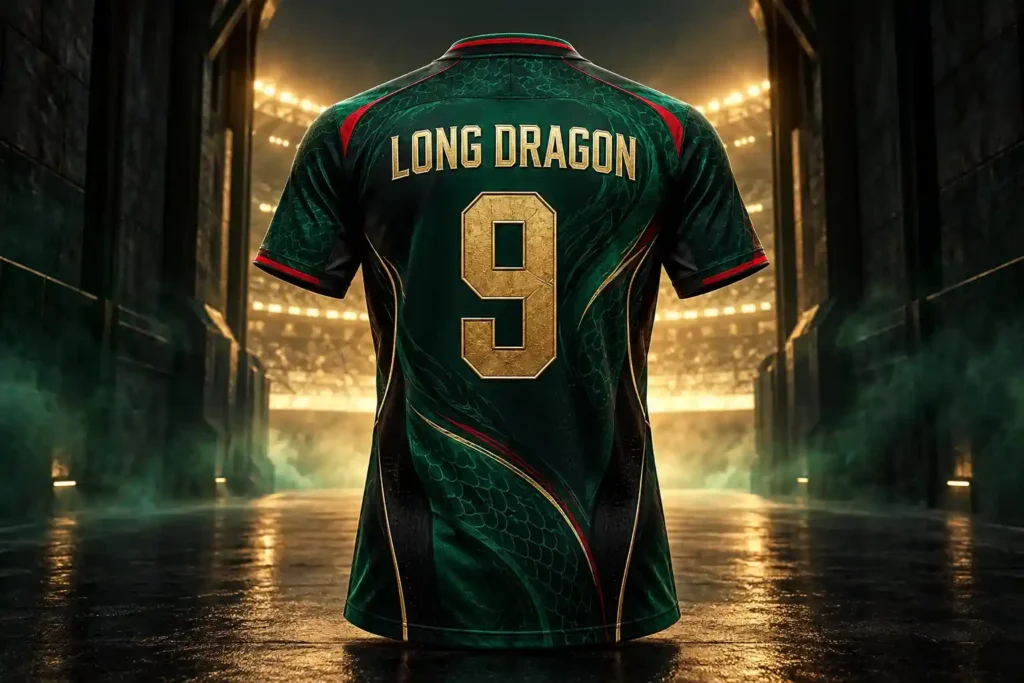Mẫu áo bóng đá in tên Long Dragon số 9, phối xanh ngọc và vàng với họa tiết vảy rồng