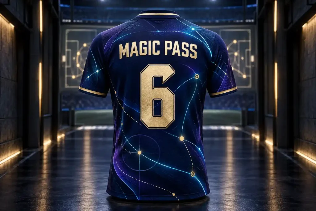 Mẫu áo bóng đá in tên Magic Pass số 6, phối xanh tím với họa tiết đường chuyền
