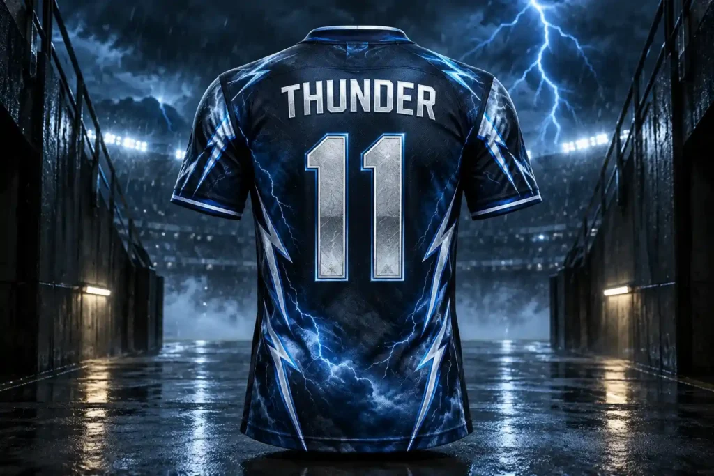 Mẫu áo bóng đá in tên Thunder số 11, phối xanh đen với họa tiết sấm sét